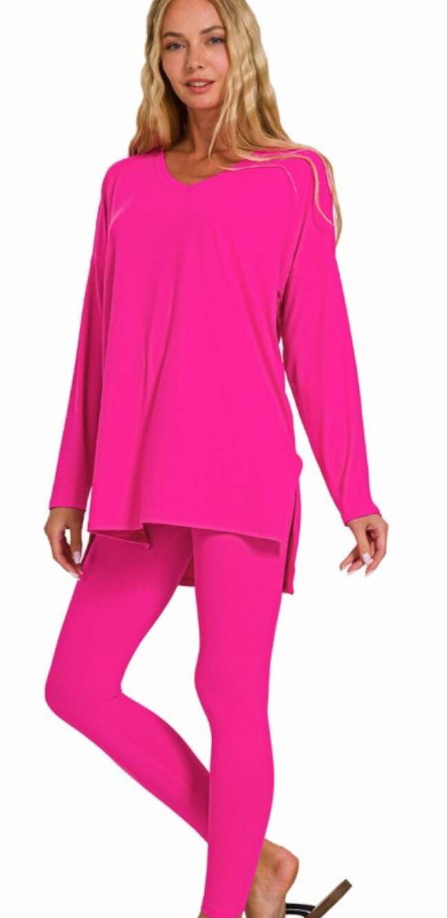 Zenana Hot Pink V-Neck Microfiber Tunic Top and Leggings Loungewear Set